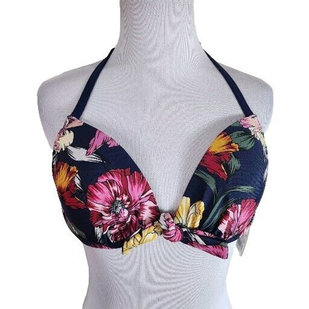 Women’s Kona Sol Underwire Tie Front Navy Floral Bikini Top Size Small NWT